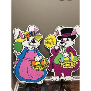 Vintage Set Of 2 Happy Easter Bunny Holding Egg Basket Yard Decor 28" Stake Sign
